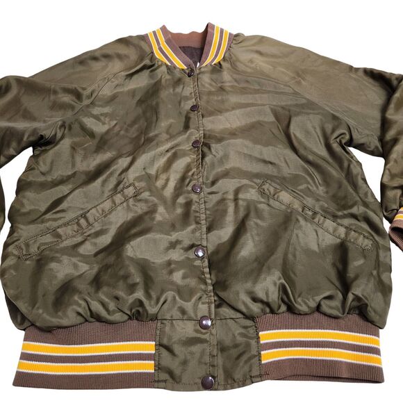 Vtg 90s Varsity Bomber Jacket Mens L Brown Snap Button Streetwear‎ Urban Retro - Picture 2 of 6